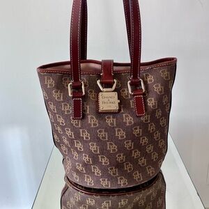Vintage Dooney & Bourke Signature Brown Canvas Shoulder Bucket Bag